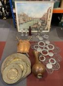 A collection of mid to late twentieth century homewares to include, embossed brass wall plaques,