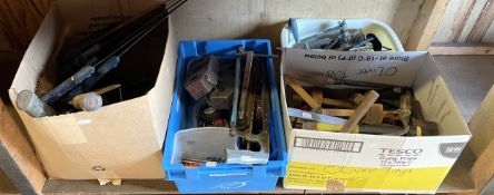 A large quantity of mixed hand tools in four boxes, items to include, saws, an Elwell cleaver and