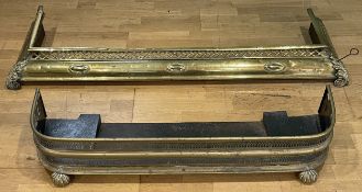 Two Edwardian brass fireplace fenders, having pierced gallery fronts with iron base frames. (2) D-