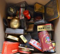 A box of mixed tins and boxes to include, a Liptons Empire exhibition tin from 1924, a Halls