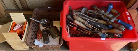 Two boxes of mixed hand tools to include, four oil cans, a joiners brace and boxed trestle dogs.