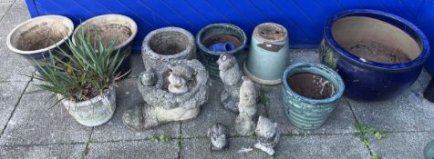 A collection of garden planters and ornaments, largest planter measure 50x33cm. (15)