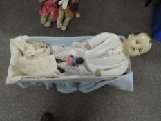 Vintage Dolls and Crib, Cloth and Composition Doll having sleep eyes, open mouth, moulded hair,