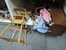 Mixed Childrens Toys, Wooden Crib, High Chair, Ironing Board, Pair of Roller Skates, Dolls etc