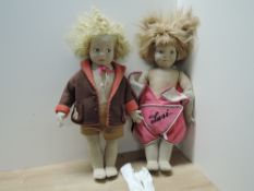 Vintage Dolls, Lenci style Felt and Cloth having stitched bodies, side glancing brown painted eyes