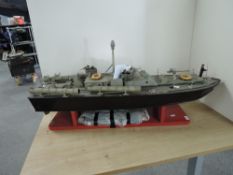 Radio Controlled Wooden Model Motor Torpedo Boat, hand made with 4 figures and British flag present,