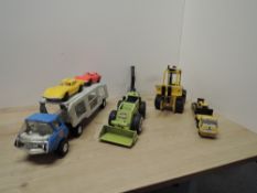Tonka Pressed Steel Vehicles, Car Transporter with two plastic cars, Trencher, Fork Lift, Low Loader