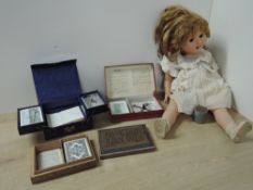Vintage Doll and Games, mid 20th century Kim Toys composition having sleep brown eyes, open mouth w
