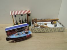 Mixed Toys, JW Altes Tinplate and Clockwork Swing Boat Ride missing key, Schylling Reproduction