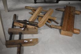 A selection of vintage wooden clamps