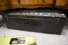 A vintage tin trunk, possibly military related, width approx. 88cm