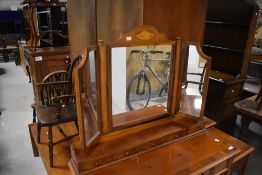 A reproduction yew wood dressing table and two bedside table, dt length approx 92cm