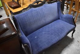 A Victorian salon settee having later blue fleur de lys upholstery , width approx. 135cm (being sold