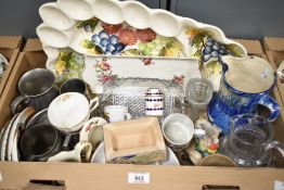 A miscellaneous selection of items including four pewter tankards, a large rustic Italian Hors d'