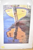 A colour print depicting the reflection of the stern of a boat and another with similar colours both