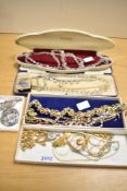 An assortment of costume jewellery, including faceted bead necklaces, paste set pieces and neck