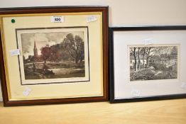 After J Chamberlain (British 19th century?) etching, figures walking along a river bank with