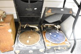 A vintage Columbia Viva Tonal Grafonola box gramophone in need of restoration and a similar May Fair