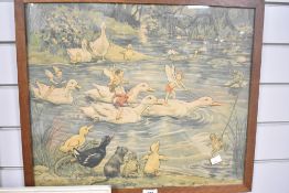 A framed 20th century print, after Margaret W. Tarrant, titled Water Sports, featuring a whimsical