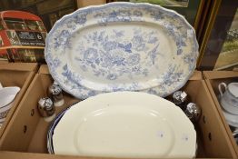 A large blue and white meat plate sold with three other similar and four vintage egg coddlers.