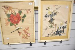 Two Chinese watercolour paintings on silk, one featuring chrysanthemums and a butterfly and the
