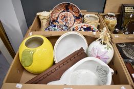 A large Japanese Imari ware bowl and two traditional rum butter bowls, a large vase styled as a