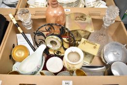 Two cut glass ships decanters, a Channel Islands part tea service in green glaze with gilt inner and