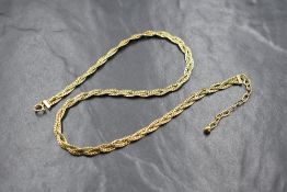 A 9ct gold three strand plaited necklace, approx 15' with 2.5' extension chain, 15g