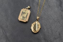 A 9ct gold locket, of oval form having decorative engraving on a fine chain, along with a 9ct gold