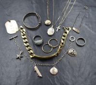 A selection of silver, white metal and gold plated jewellery including two silver lockets, a gold