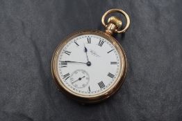 A gold plated top wound pocket watch by Waltham, movement no: 27329174, having a Roman numeral