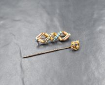 Two pieces of yellow metal jewellery including a twist brooch having seed pearl & turquoise