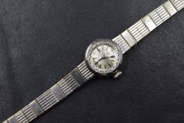 A 9ct white gold cased Omega wristwatch, the silver tone dial having baton five minute markers, on a
