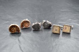 Three pairs of modern silver cufflinks, each having inset fossil decoration, including Trilobites,