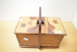 A 20th-century Sorrento ware marquetry sewing box, decorated with a coastal landscape to the two top