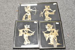 A collection of three vintage Asian folk art rice straw marquetry artworks, depicting various