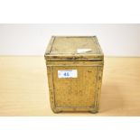 A late 19th to early 20th-century brass-clad wooden tea caddy of square form, with a removable