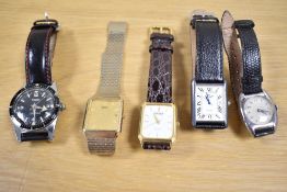 A collection of vintage wristwatches, comprising a rectangular Rotary, a Sekonda, a gold tone Seiko,