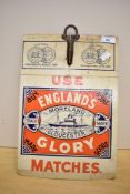 A 20th-century England's Glory Matches cardboard advertising display, with metal attachment, 37cm