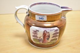 A 19th-century Sunderland lustre pottery jug, featuring a transfer-print panel, religious in nature,