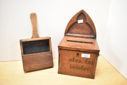 An ecclesiastical oak 'Notes for Minister' box, with raised lancet form back over an slender