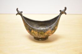 An interesting Indian vintage brass lined and lacquer decorated Islamic Kashkul/beggers bowl, of