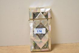 A Victorian mother of pearl and abalone shell calling card case, having a harlequin patterned
