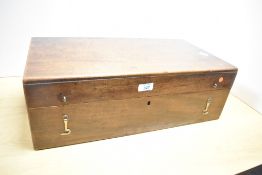 A large 20th-century hardwood box, having a hinged lid and a brass hook close, no interior