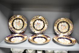 Six presumed 19th-century French Sèvres-style porcelain plates, of a deep cobalt blue, featuring a