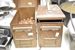 Two 20th-century British Army Military Issue metal ammunition boxes, both filled with a quantity