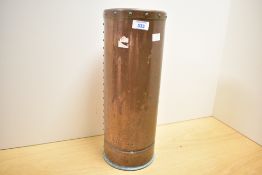 A tall 19th-century copper hall stick stand, of cylindrical form featuring a rolled rim with