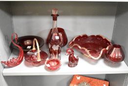 A quantity of 20th-century tinted ruby glassware, to include a Whitefriars 'Dilly Duck' with a