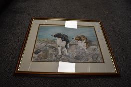 Hayden Julian (20th Century) Watercolour depicting two dogs, within stepped card mount and moulded