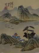 A pair of 20th Century Chinese landscapes on silk, both depicting coastal mountainous villages, text